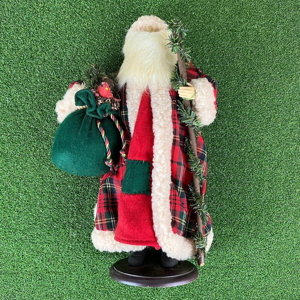 VTG Holiday Workshop Tartan Plaid Santa Porcelain Face & Hands Wooden Stand 18"